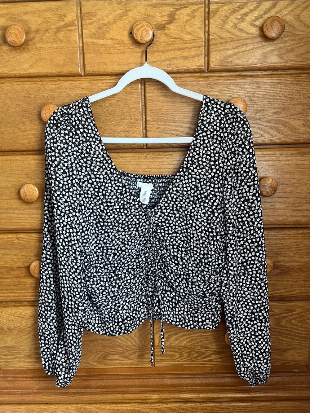 H&M Black Top with White Floral Print and Drawstring